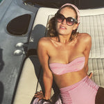 Lily James wearing Pistol Panties Frankie Bikini in Candy Stripe