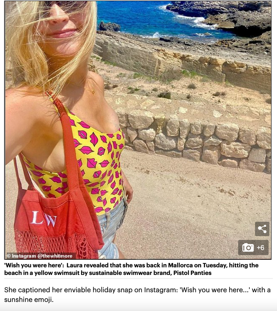 'Wish you were here!': Laura Whitmore beams as she hits the beach in a yellow swimsuit after flying back to Majorca for Love Island's Casa Amor fallout - By Gabriella Ferlita for Mail Online